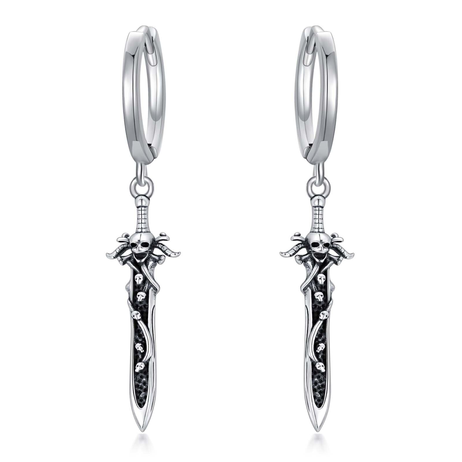 VONALA Pendientes de daga de plata de ley gótica, aretes de aro de espada, aretes colgantes de calavera, aretes de cuchillo, joyería gótica, regalo para niños, Plata de ley, No es una piedra preciosa