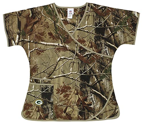 Fabrique Innovations NFL Unisex Camo Wrap Logo Scrub Top, Green Bay Packers, Medium