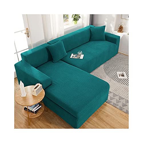 Housse de canapé d'angle 4+4 places extensible bleu vert - 2