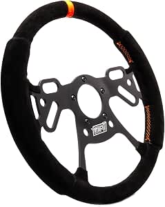 Drag Racing Steering Wheel 12in Flat | 4-Spoke Wheel with Suede Grip - Switch Holes | Black Suede, Orange Stripe | Aluminum Frame | Black Anodized | Each