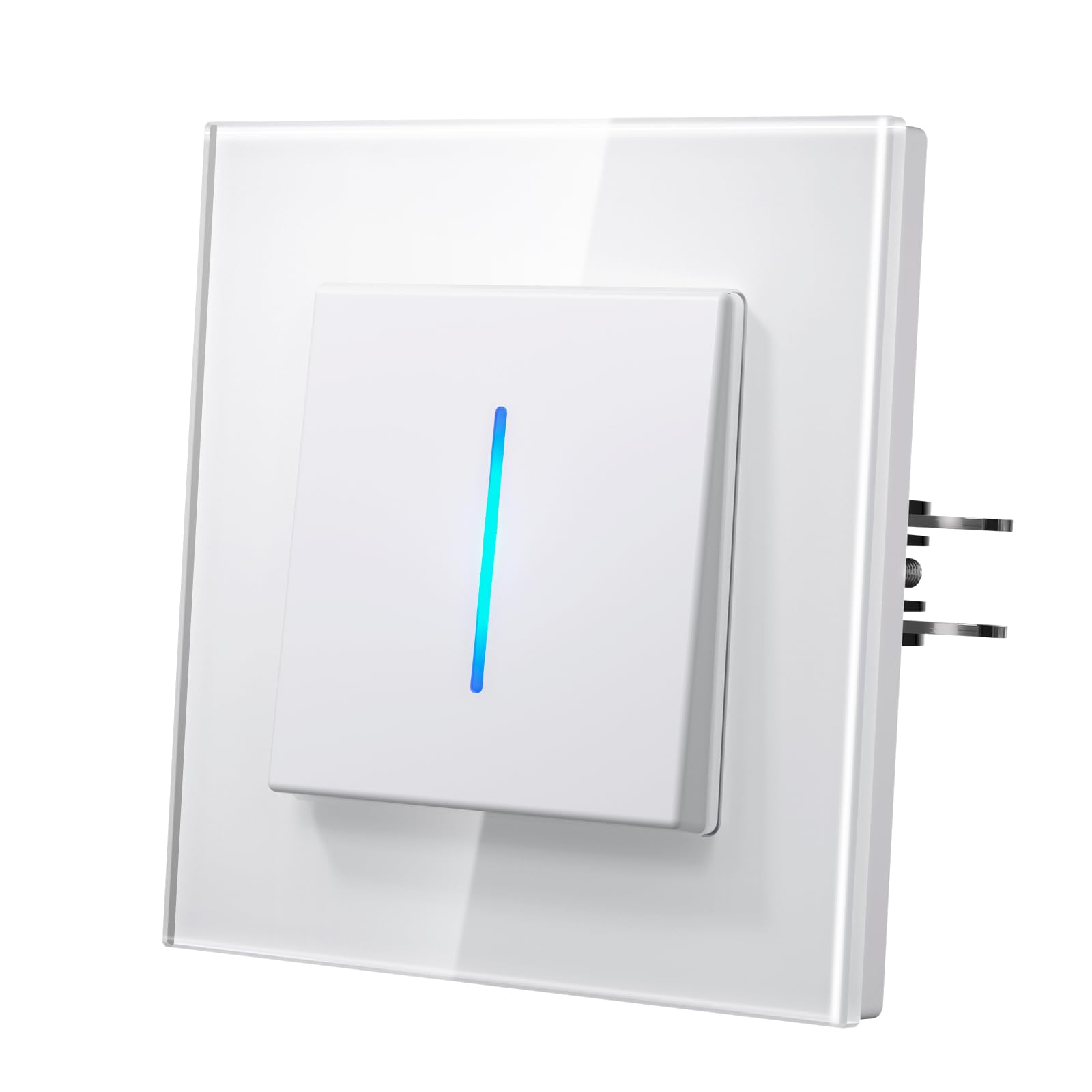 MVAVA Lichtschalter Unterputz, Lichtschalter mit Blaue Leuchtstreifen, Moderne Glas Schalter, Einfache Montage 86mm*86mm Wandschalter, 1 Fach 1 Weg Weiß