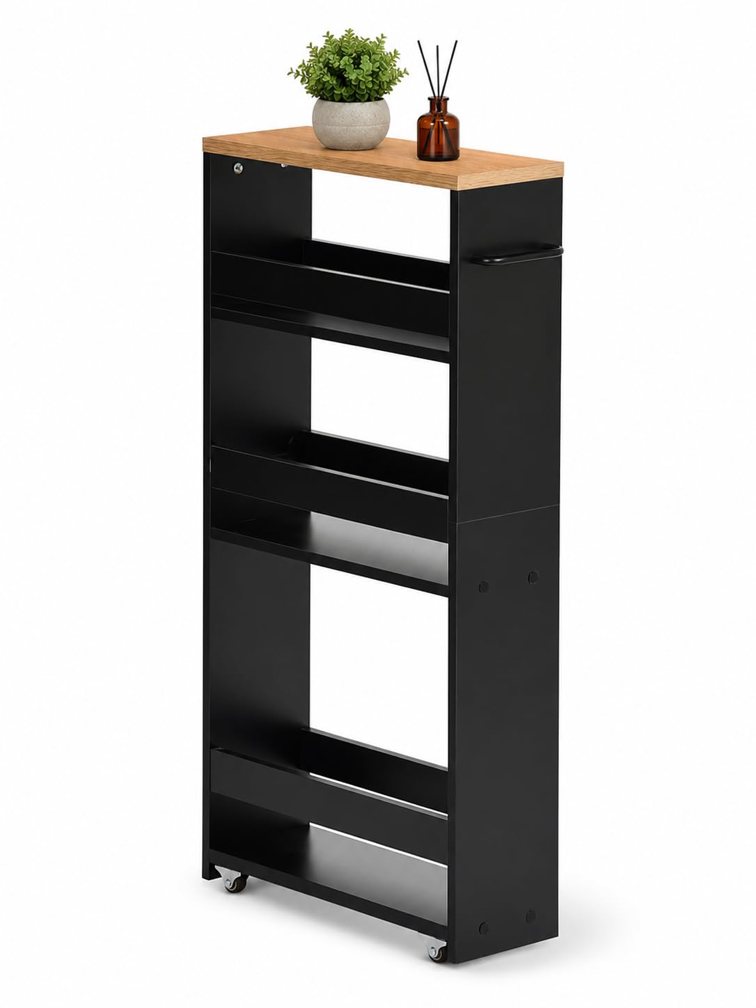 estantería Vertical Negra Estrecha con Ruedas 1 Unidad 80x40x14cm | Estantería vertical de 3 niveles para espacios reducidos con almacenamiento práctico y acceso fácil a objetos diarios