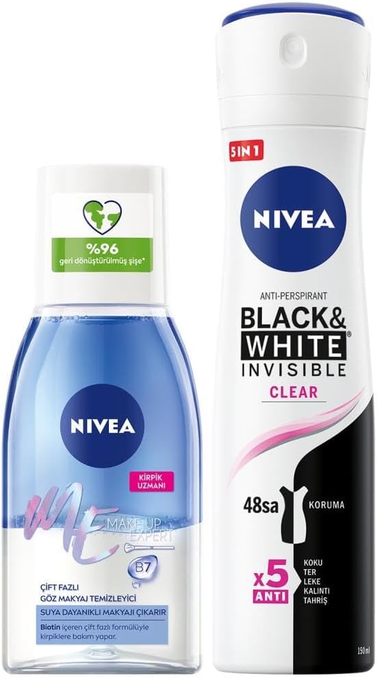 NIVEA Çift Fazlı Göz Makyaj Temizleyici 125ml ve Kadın Sprey Deodorant Black&White Invisible Clear 150ml