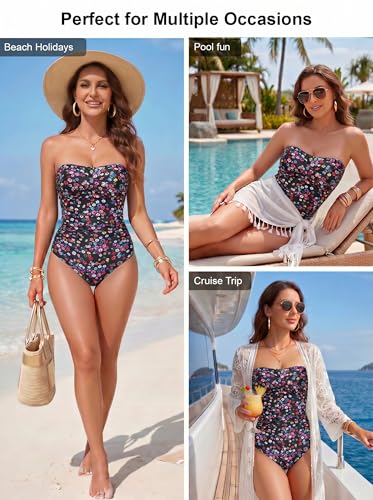 Image of Smismivo Tummy Control Swimwear Strapless One Piece Swimsuit Ruched Bathing Suits for Women Slimming Bandeau Tube Top Bikini