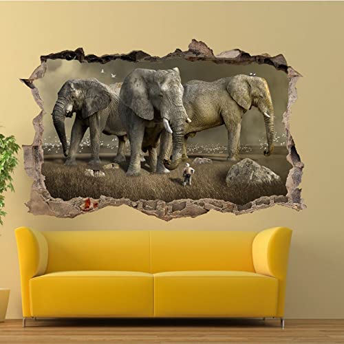 Elephant 3D Smashed Wall Effect Animal Wall Stickers Art Removable Abstract Landscape Vinyl Wall Decal For Kids Boys Girls Nursery Home Bedroom Wall Décor 47"W X 31"H #TOP2