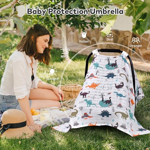 Image of Rquite Baby Boy Car Seat Cover, 100% Muslin Cotton Infant Carseat Canopy, Soft Breathable Stroller Sun Shade & Newborn Shower Gift, Large Size Universal Fit Summer, Hot & Warm Weather (Gray Dinosaur)