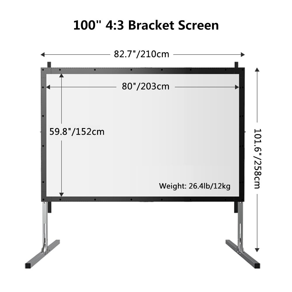 Schermo per Proiettore Portatile da 100 120 pollici per Esterni con Supporto, Schermo Cinematografico Antipiega Pieghevole 4K HD per Casa, Campeggio(100" (4:3))