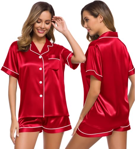 Image of SWOMOG Womens Silk Satin Pajamas Set Short Sleeve Sleepwear Button Down Top and Shorts Loungewear 2 Piece Pjs Set XS-3XL