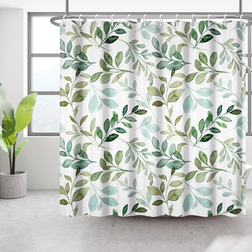 Bovlleetd Cortina de ducha con hojas de eucalipto, 92 x 183 cm, color verde, hojas verdes, plantas, cortina de baño, impermeable, lavable, poliéster con 6 ganchos para baño, bañera