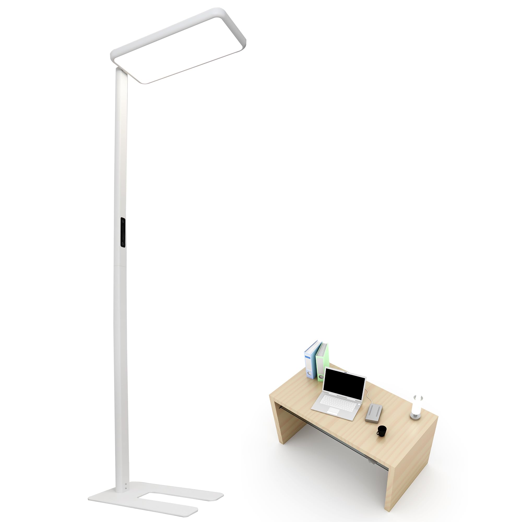 Büro Stehlampe – UGR<16, CRI>98, 6600lm, Vollspektrum | 198cm Büro Stehlampe | UGR<16 + CRI>98 | 6600lm Vollspektrum 4000K | 2 Lichtquellen getrennt dimmbar | Touch + Memory | Weiß
