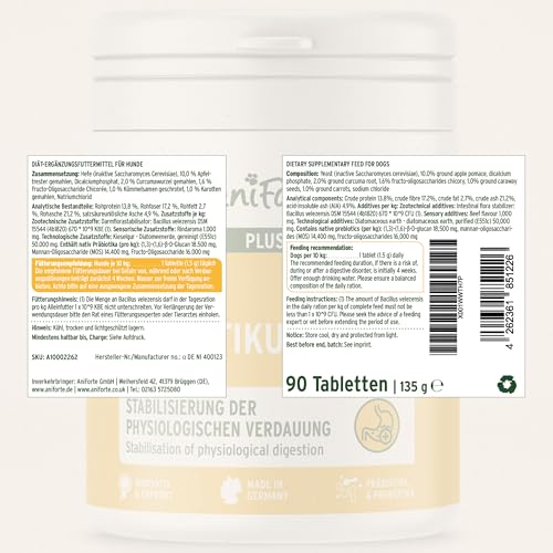 AniForte Plus Probiotikum Tabs für Hunde 90 Stück - Natürliche Präbiotika & Probiotika für Hunde, Stabilisiert die Verdauung & fördert eine gesunde Darmflora, mit aktiven Darmbakterien