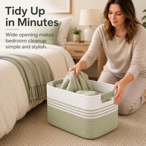 Image of 25.4GAL Collapsible Cotton Rope Extra Large Storage Basket For Bedroom Closet, Boho Rectangular Short Hamper Woven Storage Baskets for Living Room Throw Pillows Blankets Dirty Clothes, White Green