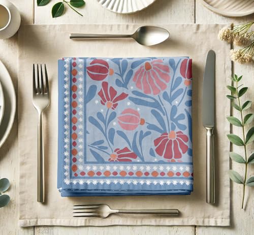 Vargottam Designer Cotton Twill Napkins - Set of 12, 20-Inch, Floral Print, Durable & Absorbent Cloth Napkins for Dining, Parties, and Home Decor - Machine Washable