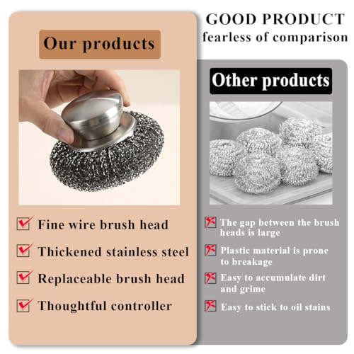 Image of Kyraton Stainless Steel Scourers with Handle to Protect Your Hand Set of 5, Big Metal Wire Wool 4 x 4in Confortable to Hold and Durable and Strong