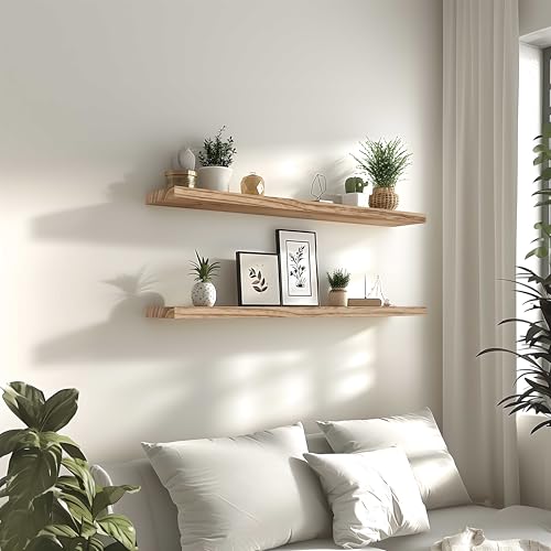 PHPH 48 Inch Wood Floating Shelves for Wall, Wooden Wall Shelves for Bedroom, Set of 4 Light Brown PHPH 48 Inch Wood Floating Shelves for Wall, Wooden Wall Shelves for Bedroom, Set of 4 Light Brown