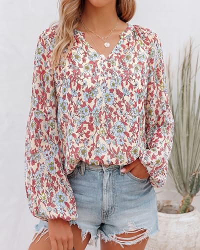 BTFBM Blouses for Women Dressy Casual Floral Summer Boho Tops V Neck Lightweight Long Sleeve Shirts Fall Clothes 2026(Pink Blue Flower White, X-Large) — view 4