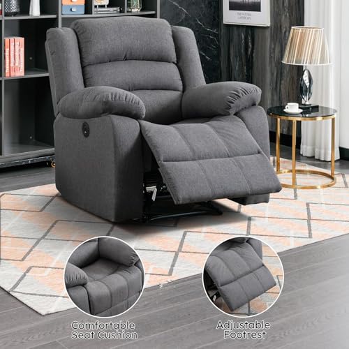 Image of EBELLO Classic Power Recliner Chair, Oversized Electric Reclining Chair with Overstuffed Cushion and Back, Soft Fabric Adults Single Recliner Sofa for Living Room, Grey