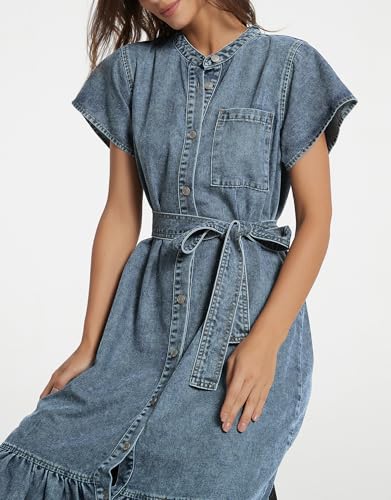 Image of Kedera Summer Button Down Denim Shirt Dresses for Women Maxi Ruffle Short Sleeve Flowy Tiered Beach Sun Dress