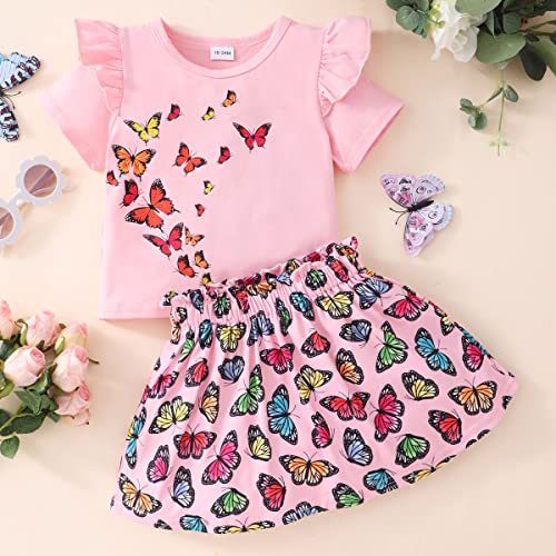 Image of Akyzic Little Girl Skirt Outfit Two Piece Spring Summer Outfit Butterfly Dress Cat Print Skirt Toddler Girl Outfit Set