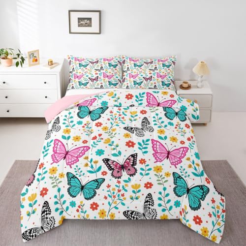 Image of Erosebridal Colorful Butterflies King Size Comforter Set for Kids Teens Adults,Cartoon Floral Bedding Sets,Flying Butterfly Duvet Insert,Garden Flower Quilt Bedroom Decor