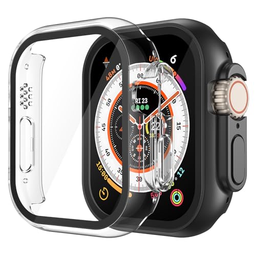 Image of Misxi 2 Pack PC Case Built-in Tempered Glass Screen Protector Compatible with 49mm Apple Watch Ultra 3 (2025) / Ultra 2 / Ultra, Shockproof Protective Cover with Button for iWatch, 1 Black + 1 Transparent