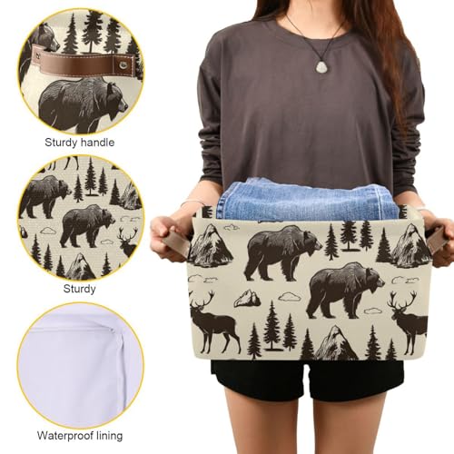 Image of Aslsiy Storage Basket Vintage Deer Bear Moose Nursery Bins National Park Baby Box Canvas Clothes Shelf Basket Laundry Hamper for Home Closet 1 Pcs