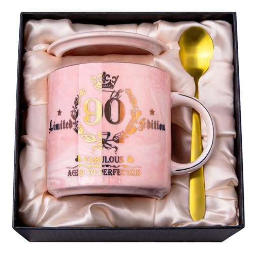 90th Birthday Gifts for Women - Aged to Perfection Coffee Mug - Unique 1935 Birthday Present for Grandma Mom Wife Friend Sister, 14oz Ceramic Coffee Mug Printed Gold with Lid Spoon Card, Nice Gift Box