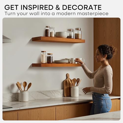 image for Homeforia Oak Floating Shelves 42 inch Long, High End Solid Real Wood 