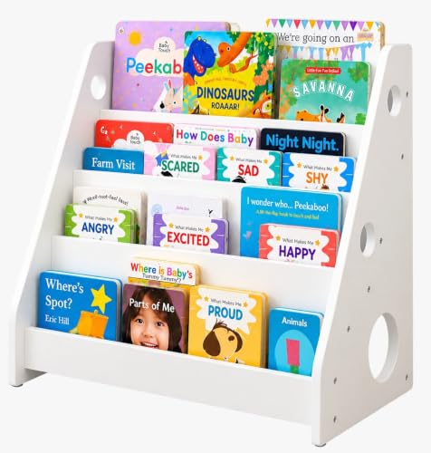 Image of Montessori Book Shelf for Kids and Toddlers - Wooden Book Organizer and Reading Rack for Nursery, Study Room, or Bedroom - Child-Safe Bookshelf for Home Use| 4-Tier (White)