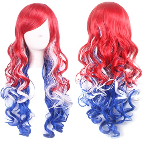 YEESHEDO 32" 80 cm Rouge/Blanc/Bleu Cosplay Bouclé Perruque Femme, Longue Ondulée Synthétique Cheveux Cosplay Wig Anime Parti Halloween Perruques Cover