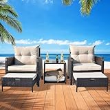 DEVOKO 5 Piece Patio Furniture Set with Ottoman, Outdoor Patio Chairs Wicker Patio Bistro Set for Backyard, Pool, Porch (Dark Brown & Cream)