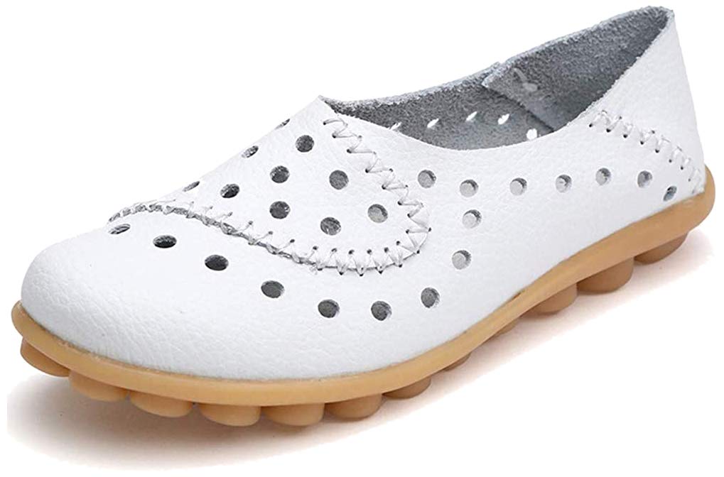 Womens Leather Driving Shoes Slip-Ons Flats Casual Moccasins Soft Nurse Shoes White