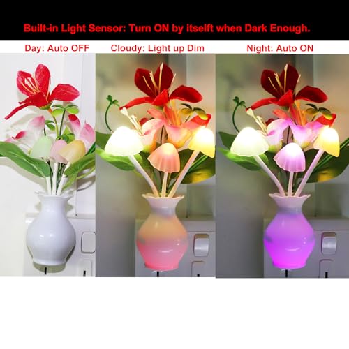 Image of AUSAYE Plug-in Night Light with Auto Light Sensor,RGB LED Mushroom Night Light Wall Red Lily Flower Lamp for Adults Kids Nursery Room,Bedroom,Lounge,Bathroom,Stairs