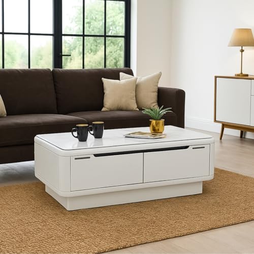 Image of Royaloak Zurich Italian Glass Coffee Table | Coffee Table for Living Room with Tempered Glass, High Gloss Finish, Drawer Storage & Pedestal Base | Modern Centre Piece with Elegant Design