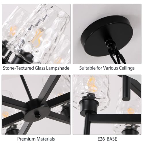 KUSSCO Black Chandelier, 6-Light Industrial Hanging Light Fixture with Stone Texture Glass Shades, Adjustable Height Lights for Dining Living Room Entryway Foyer Bedroom by KUSSCO - Used condition - Image 6