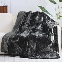 greenoak Heated Electric Blanket Throw, Faux Fur Sherpa Heating Blanket for Sofa Bed, Warm Winter Gifts for Women/Men, Heater Lap Blankets 5-Position Timer &10 Heating Levels 50*60" Black