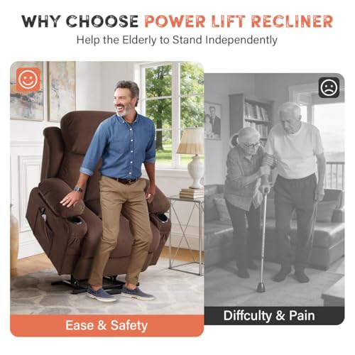 Image of BOSMILLER Power Lift Recliner Chair with Massage and Heat for Elderly, Electric Recliner Single Sofa with Two Cup Holders, Extended Footrest, Side Pocket and USB Charge Port for Living Room