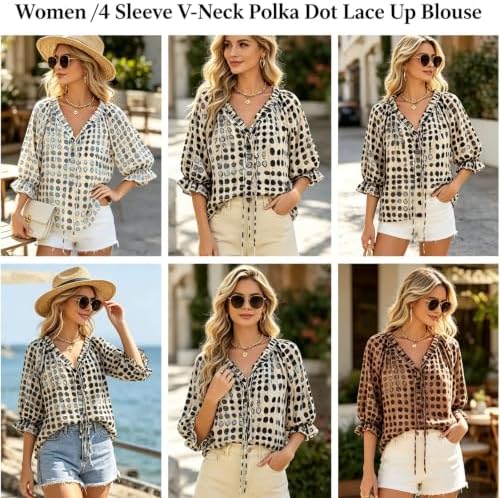 Polka Dot Lace Up Blouse for Women 3/4 Sleeve V-Neck Boho Peasant Tops - 4