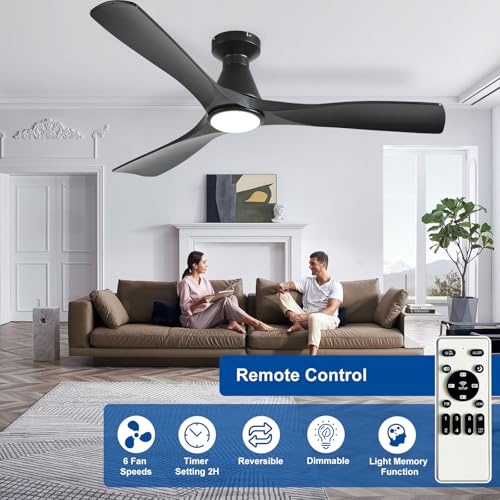 Image of Depuley 52-Inch Ceiling Fans with Lights: Black 3 Blade Flush Mount Low Profile Ceiling Fan for Bedroom - Dimmable Indoor Outdoor Fan with Remote Control Ultra Quiet DC Motor Timer