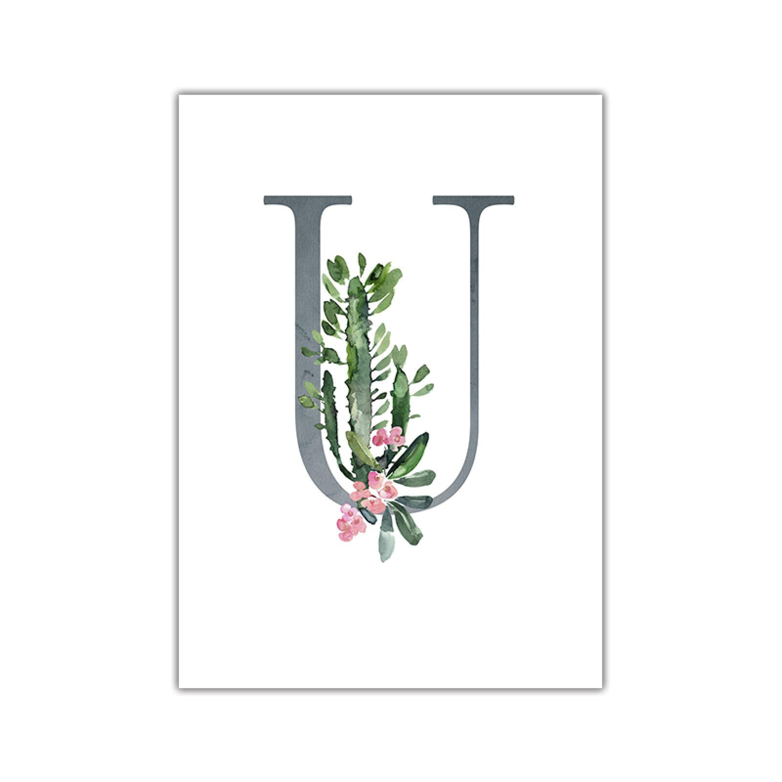 dsdsgog Letra U Nombre personalizado Pósteres Arte floral Impresión en lienzo Bebé Guardería Cuadro de pared Pintura en lienzo para niños Niña Dormitorio Decoración 80x110cm Sin marco