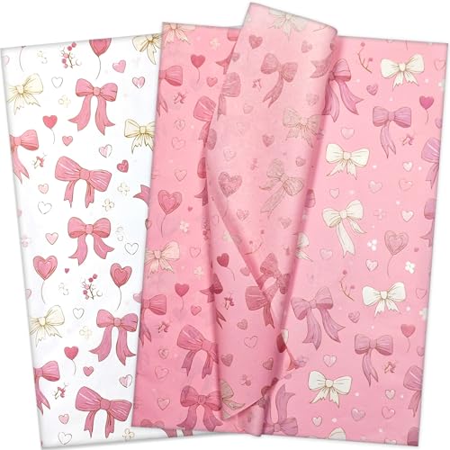 LIAPAWPAW Tissue Paper with Cute Bows & Hearts Pattern 60 Sheets 20x14, Pink and White Tissue Paper for Gift Bags, Boxes & Crafts, Fancy Girly Gift Wrapping for Valentine's Day, Birthday, Baby Shower
