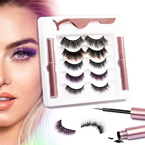 tuokiy Colourful Magnetic Eyelashes and 2 Tubes of Magnetic Eyeliner Kit, Magnetic Eyelashes Kit With Tweezers Inside, 5 Pairs Magnetic Eyeliner and Magnetic Eyelash Kit - No Glue Needed