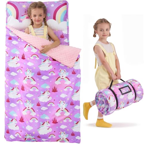Image of JOIEDOMI Toddler Nap Mat with Removable Pillow and Minky Blanket 55''x30'' Kids Sleeping Bag for Boys and Girls Ages 3-6 Roll Up Soft Nap Mats for Preschool Kindergarten Daycare Sleepover