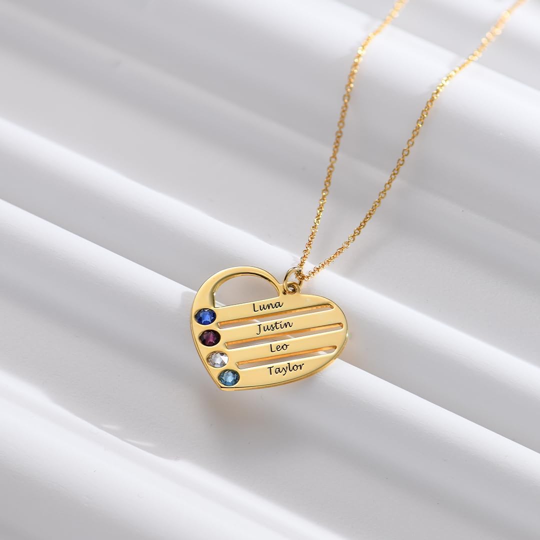 Personalized Heart Necklace with Engraved Names - Sterling Silver, Gold Plated or Solid Gold - With Birthstone or Diamond options - Up to 4 Inscriptions - Image 6