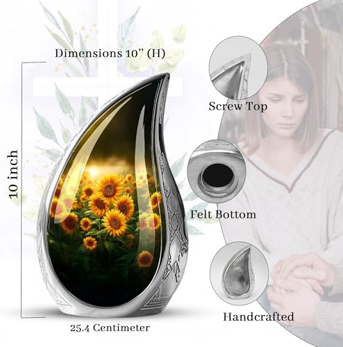 Image of Teardrop Sunflower Urn for Ashes for Women - Funeral Urns for Adult Ashes Women - Yellow Sunflower Urn for Human Adult Male and Female - Large Cremation Urns for Male 10inch