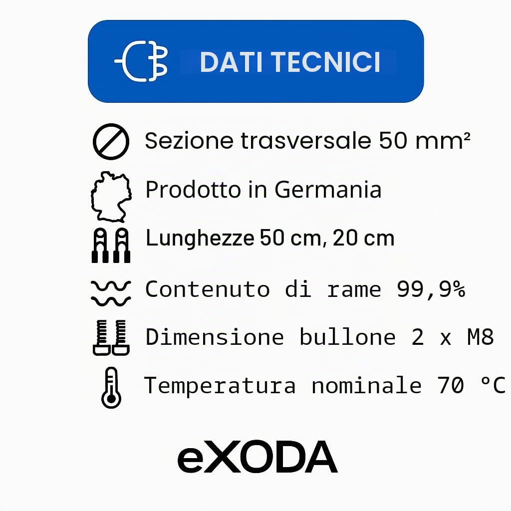 eXODA Set Cavi 50 mm² 50cm 20cm terminali M8 Rossi Neri Cavi di Alta qualità per Auto Barca Moto 99 9 Percent Rame per connessioni elettriche affidabili