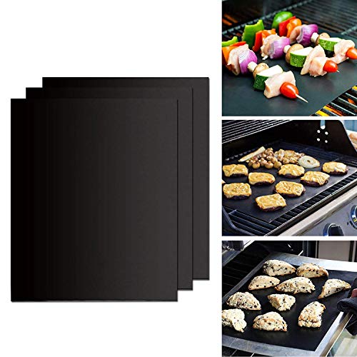 GWHOLE BBQ Grill Mat Set of 3, 50x40cm Large Non Stick Grill Mats for Outdoor Grill, Reusable BBQ Accessories for Gas, Charcoal, Electric & Oven, Easy to Clean Baking Sheet, Black