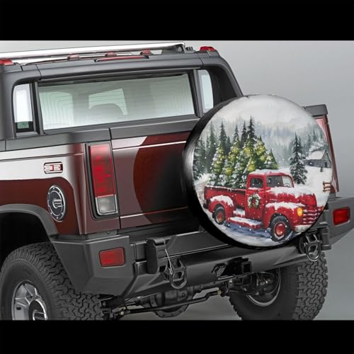 Image of Farm Christmas Red Truck Spare Tire Cover for Rv Trailer Camper- Cute Xmas Winter Waterproof Wheel Protectors Cover Universal Fit for Truck SUV Travel New Year Outdoor-15 inch