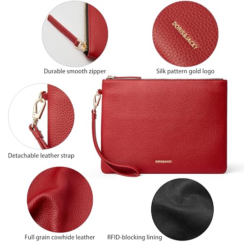 Image of DORIS&JACKY Women Leather Clutch Purse and Phone Wallet with Wristlet Strap | Soft Designer Evening Party Bag, Thin Slim RFID Blocking Cellphone Pouch Case, Formal Casual Handheld Premium Little Purse