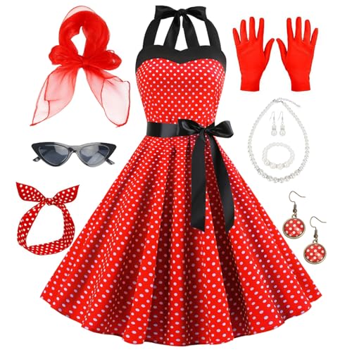 50er-Jahre-Kostüm-Zubehör, 1950er-Jahre-Kostüm-Set für Damen, Retro-Outfit mit gepunktetem Kleid, Katzenaugenbrille, Schal, Stirnband, Halskette...